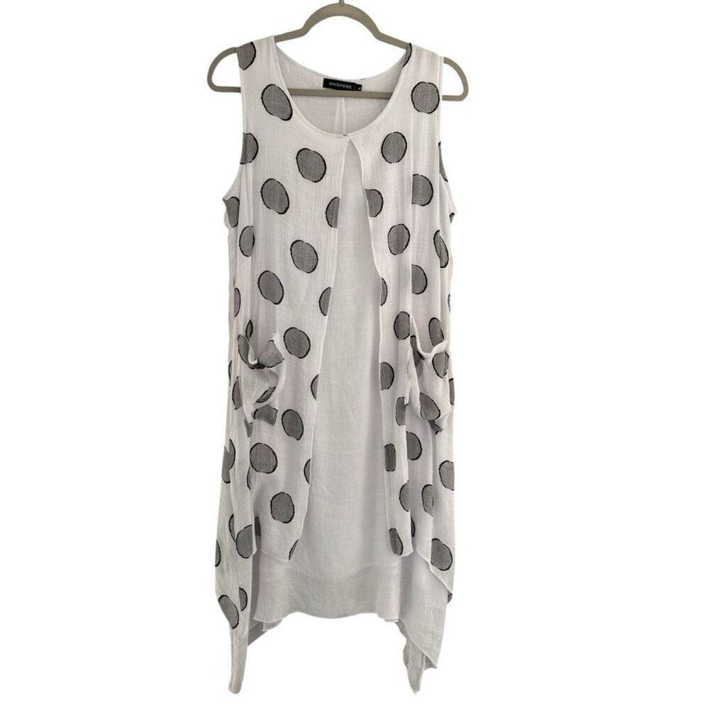 Whispers Womens Polka Dot Sleeveless Layered Gauzy Tunic Dress Gray White Medium